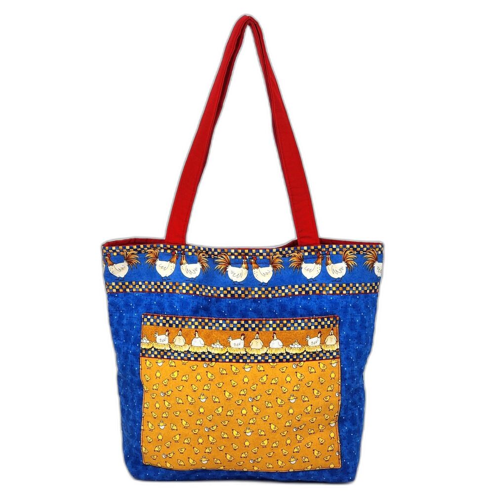 Kitschy Handmade Illustrated Chickens Hens Checkerboard Large Tote Bag Blue Red